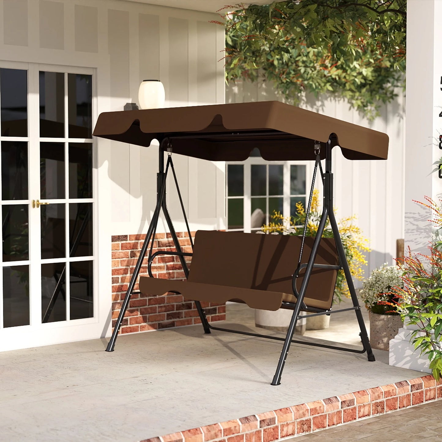 Melocadol 3 Seats Outdoor Porch Swing Glider, Patio Swing Chair with All Weather Covered Canopy and Rust Proof Heavy Duty Stand, for Garden, Lawn, or Backyard, Black