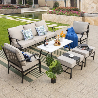 MF Studio 7-Seat Patio Conversation Set Metal Outdoor Furniture Sofa Set for 7 Person Beige