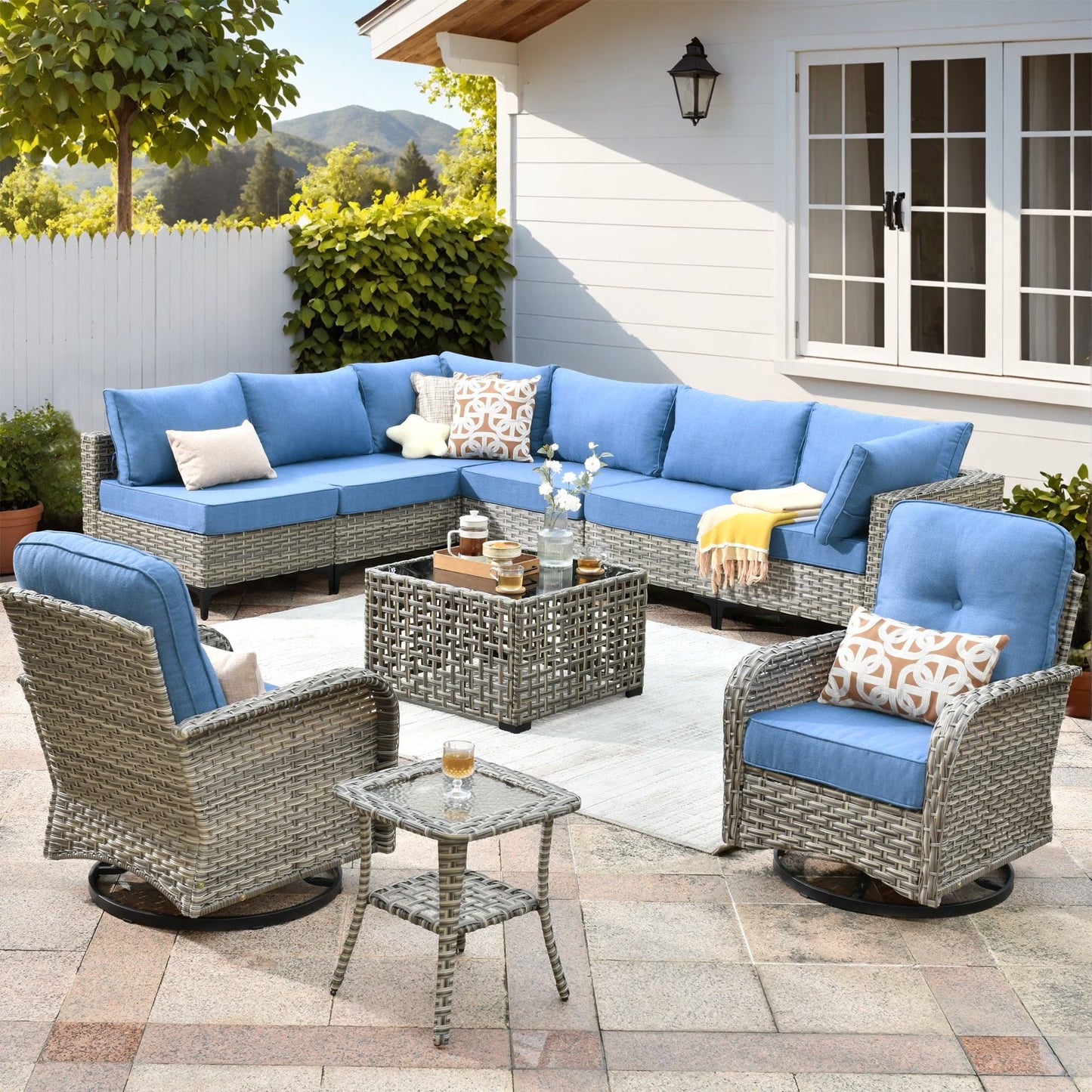 Vcatnet Outdoor Patio Furniture Sets 10 Pieces Sectional Sofa Wicker Conversation Set with Swivel Glider Chairs and Solar Powered Coffee Table for Porch,Backyard,Gray