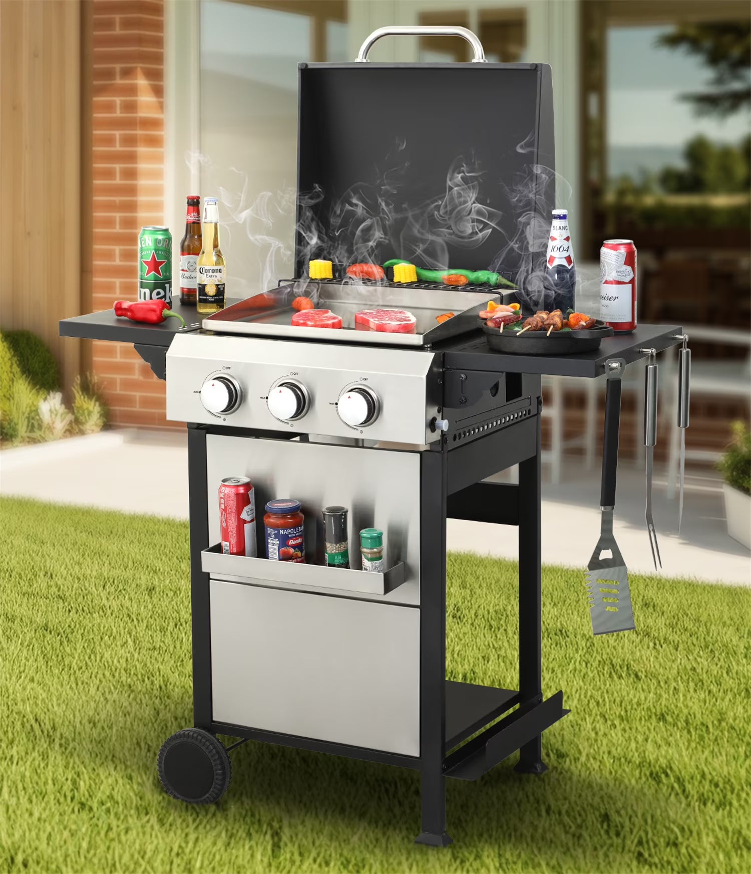 HighSound 2-Burner Propane Gas Grill, 24600 BTU Patio Garden Barbecue Grill with Stainless Steel Tray, Wire Enamel Cooking Grids & Foldable Shelves, Black