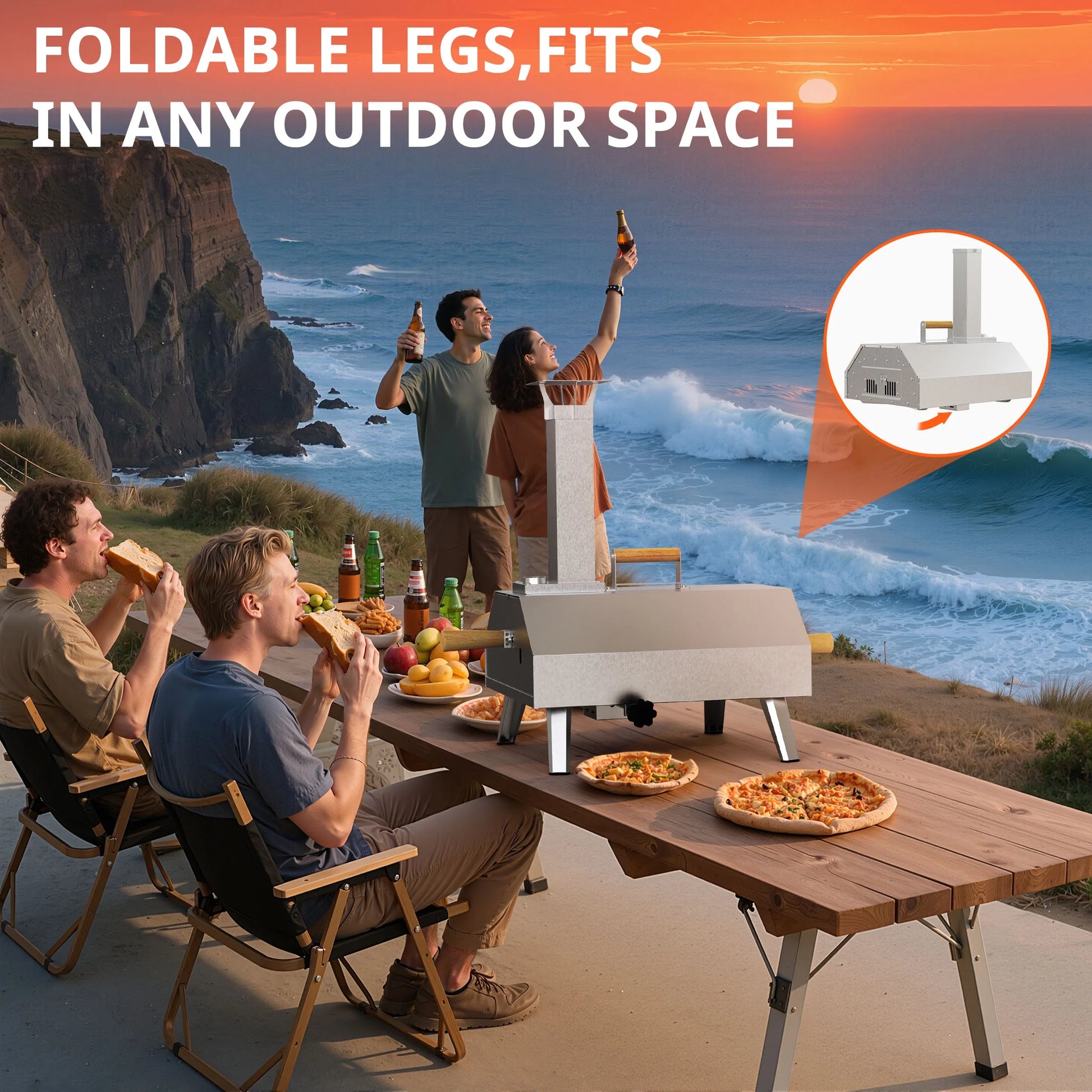 Enyopro 12" Portable Stainless Steel Pizza Oven, Wood Fired Pizza Maker with 360° Rotating Stone, Ash Tray, Thermometer and Foldable Legs, Pizza Cutter for Home, Patio and Camping