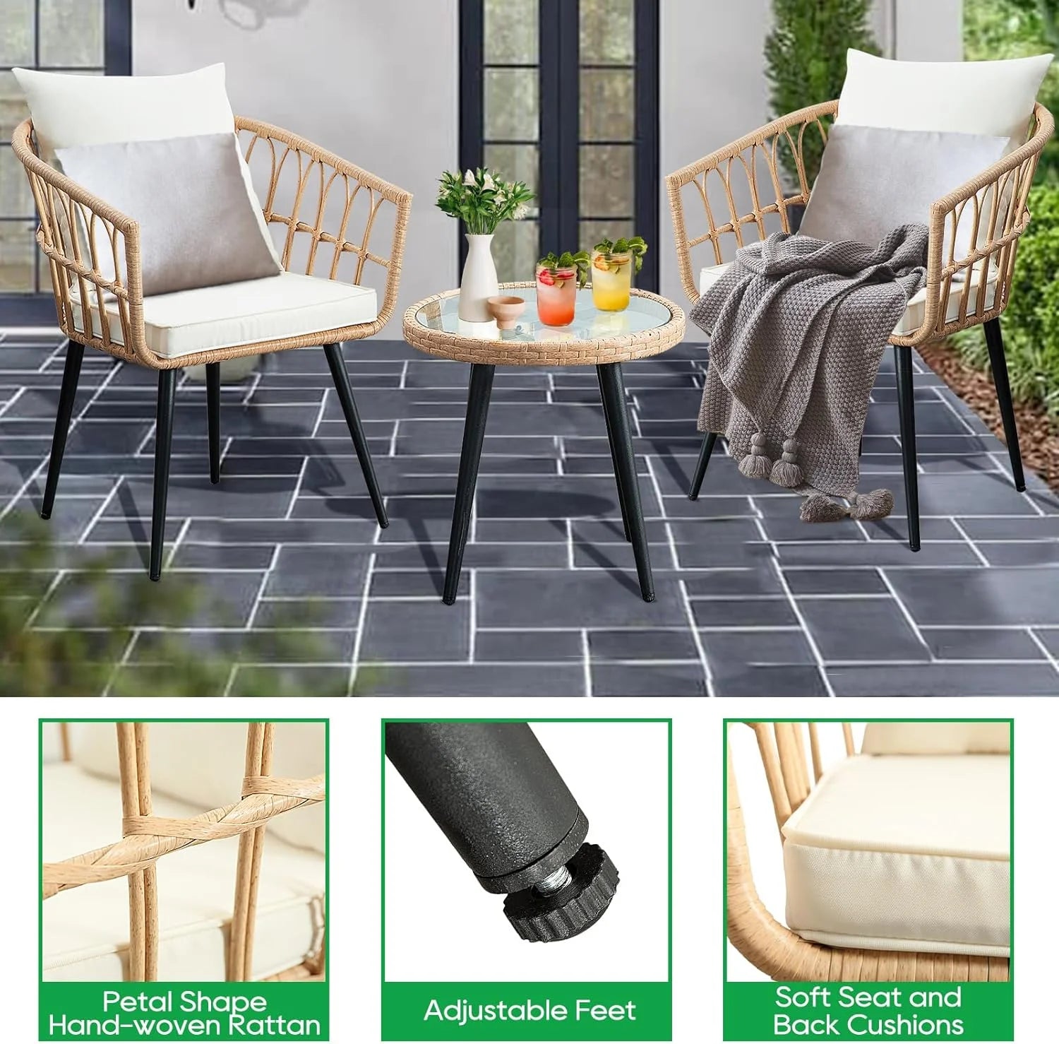 FHFO 3 Piece Patio Bistro Set, Outdoor Wicker Apartment Balcony Furniture Sets, Rattan Table and Chairs Set of 2 for Porch Backyard Lawn Poolside Deck, Beige