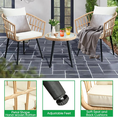 FHFO 3 Piece Patio Bistro Set, Outdoor Wicker Apartment Balcony Furniture Sets, Rattan Table and Chairs Set of 2 for Porch Backyard Lawn Poolside Deck, Beige