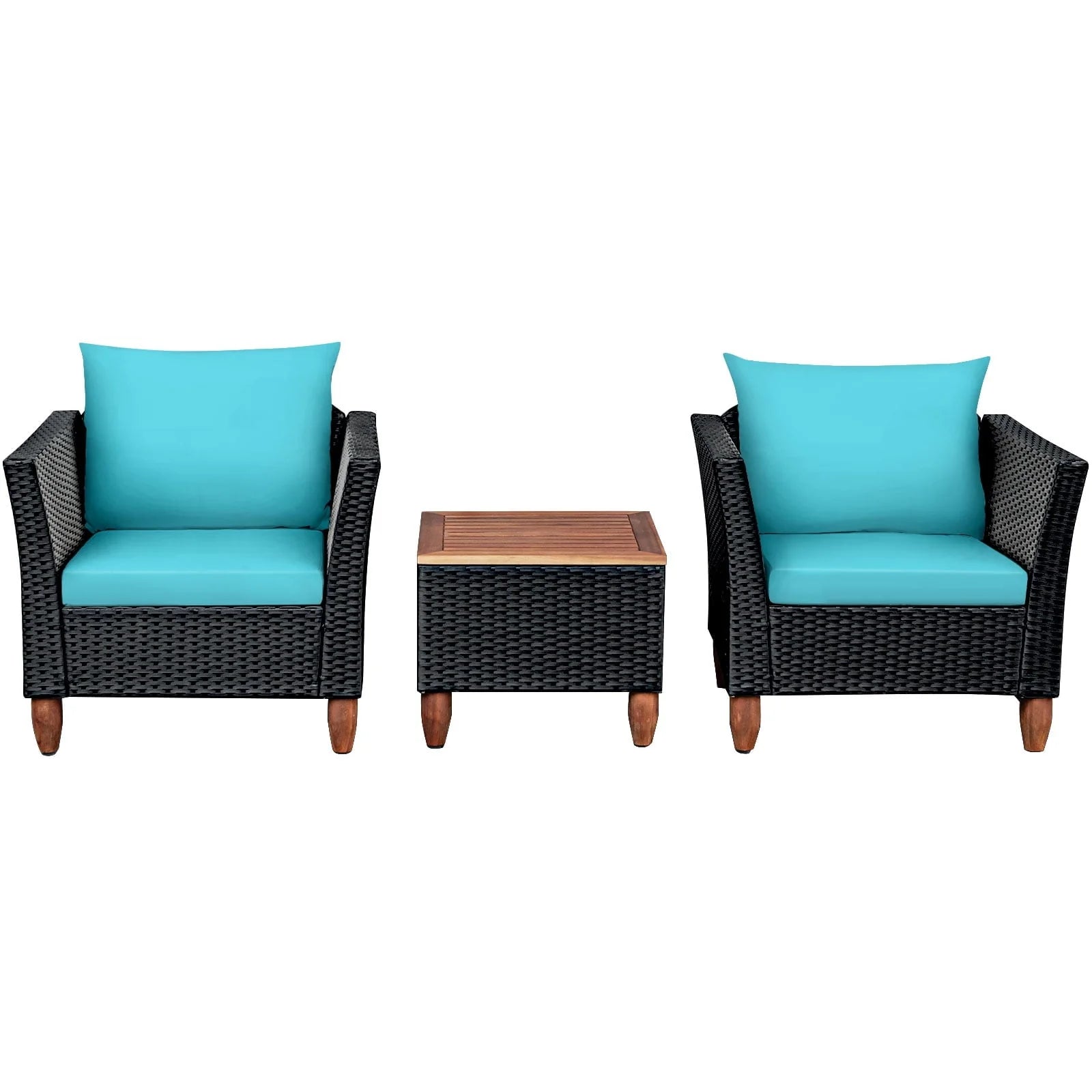 Costway 3PCS Outdoor Patio Rattan Furniture Set Wooden Table Top Cushioned Sofa Navy