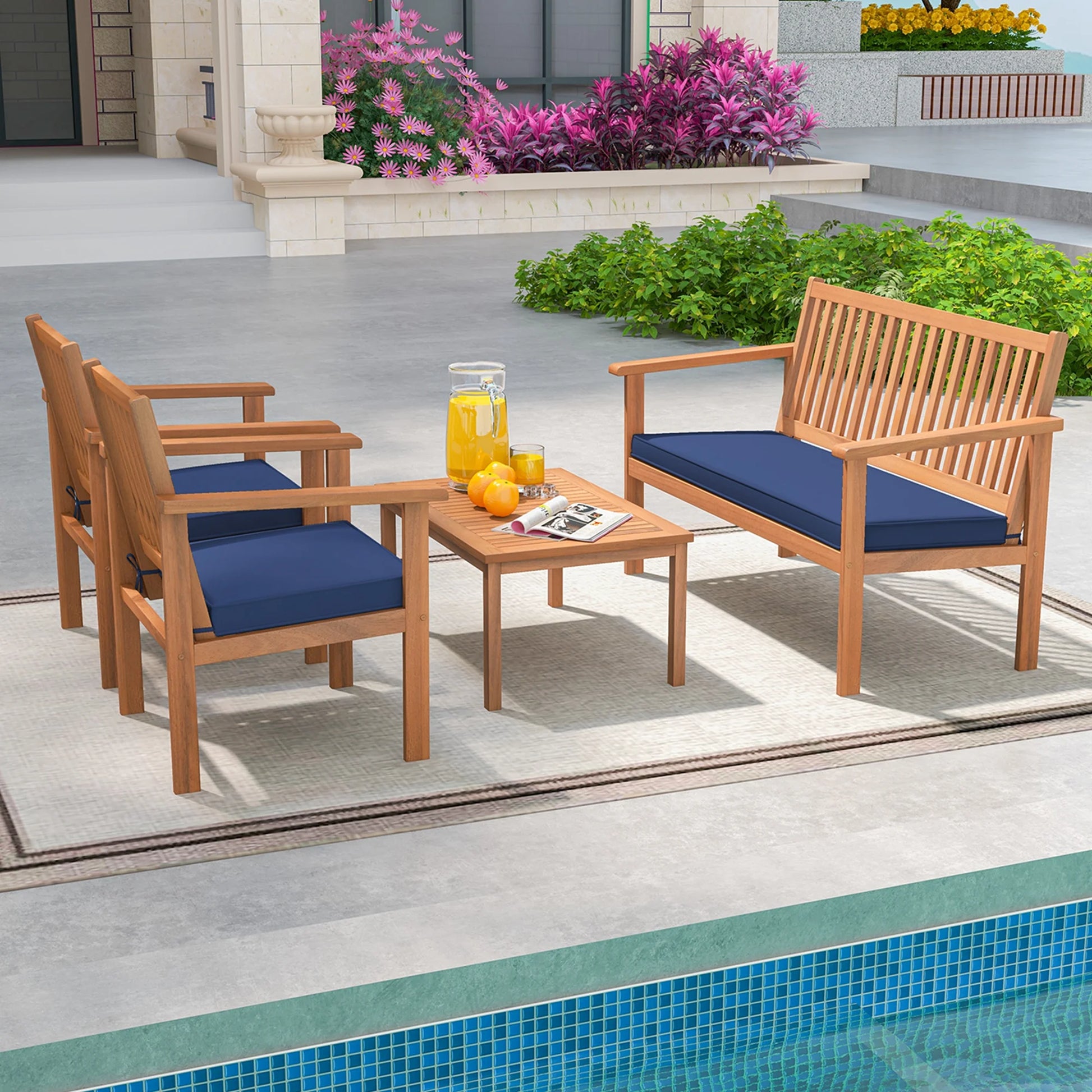Costway 4 PCS Patio Wood Furniture Set with Loveseat, 2 Chairs & Coffee Table for Porch Navy