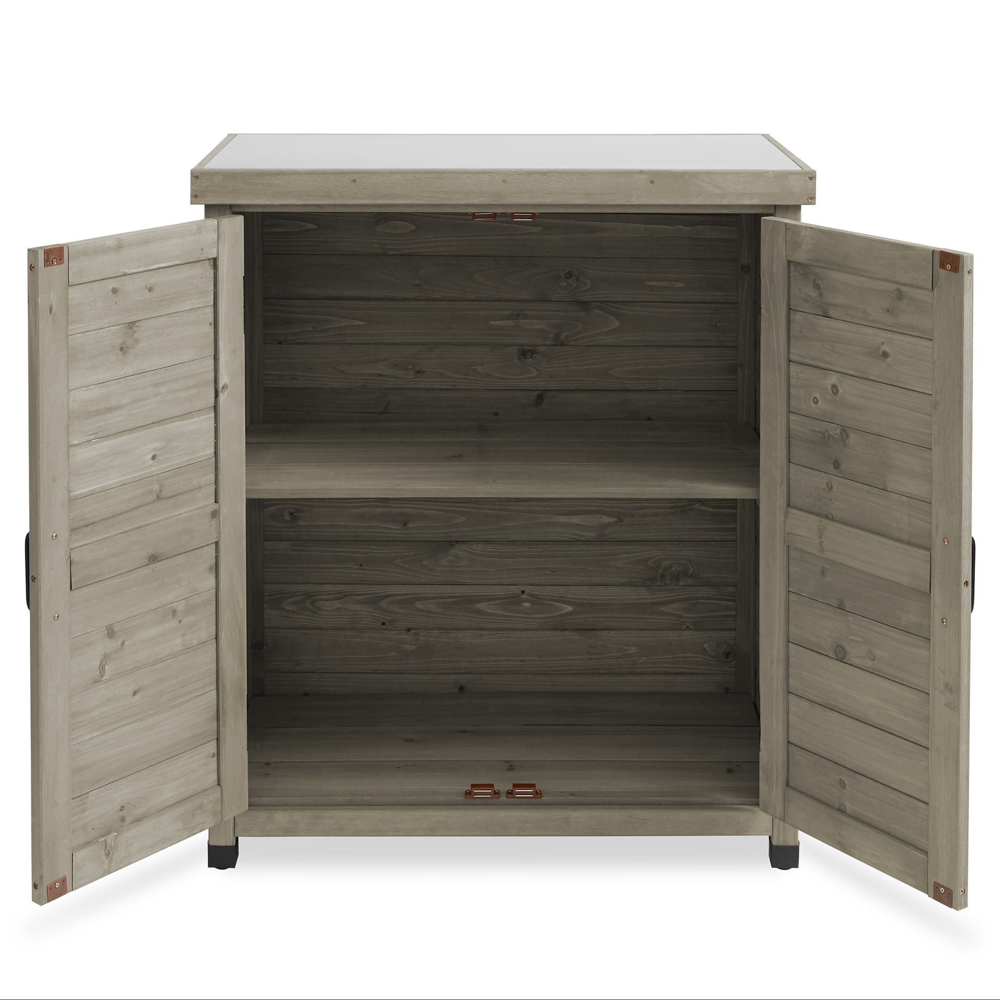 Outdoor Storage Cabinet and Potting Bench with Metal Tabletop and Storage Cabinet - Wooden Outdoor Garden Patio Workstation Table, Gray