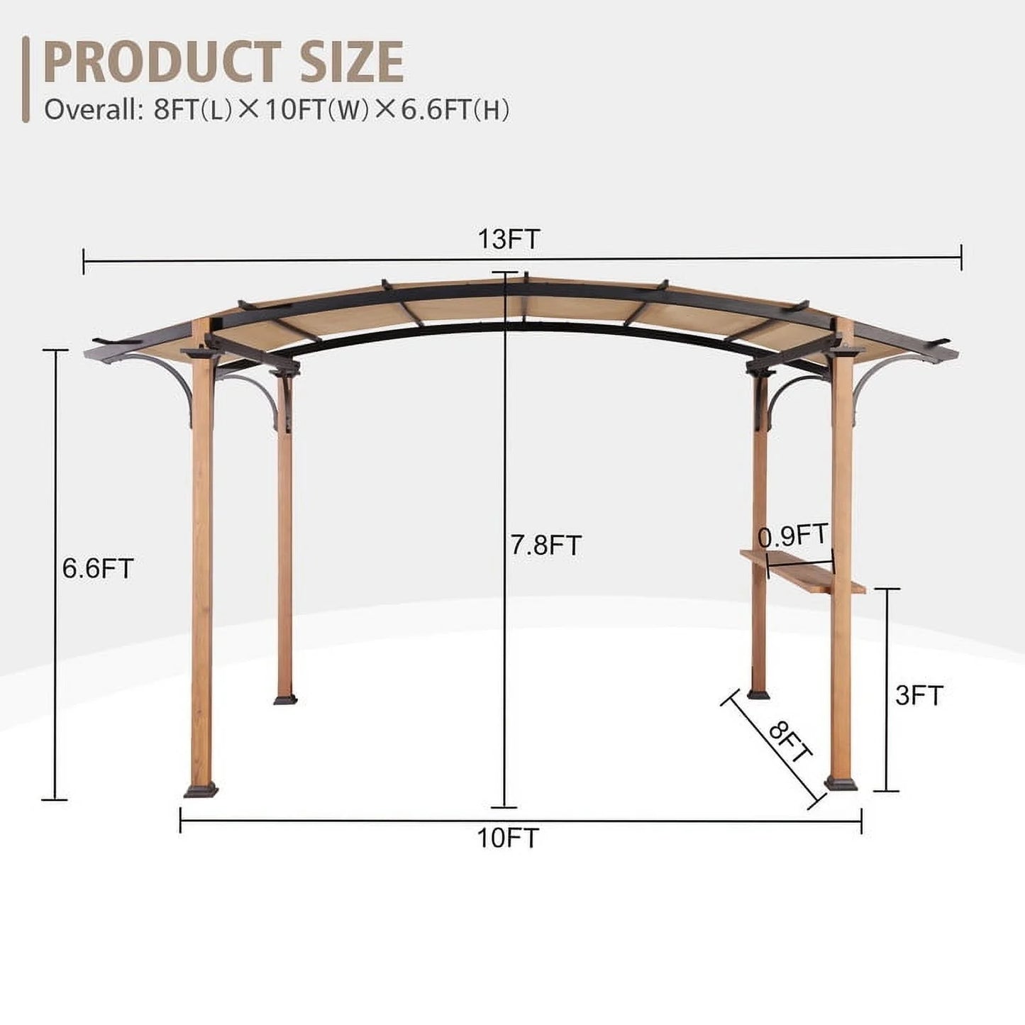 GAZEBETER 8.5 ft x 13 ft Outdoor Pergola with Arched Canopy,Natural Wood Looking Finish and Tan Shade for Backyard,Garden,Patio,Barbecue,Beige