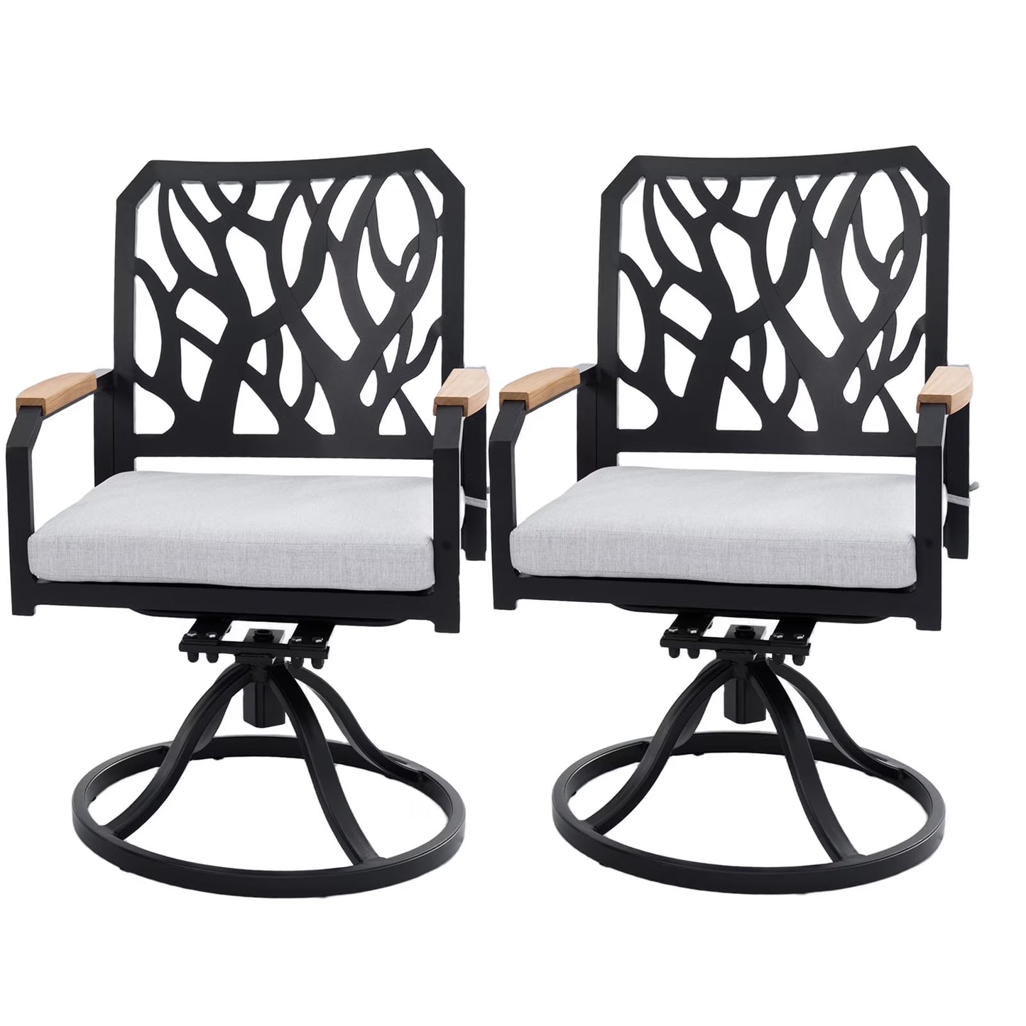 Outdoor Patio K/D Aluminum Stationary Dining Chairs 2PCS with Outdoor-grade Sunbrella Fabric Cushions, Branch-Like Backrest ,FSC-Certified Wood Armrests, Bourbon Brown