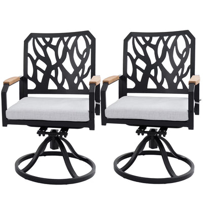 Outdoor Patio K/D Aluminum Stationary Dining Chairs 2PCS with Outdoor-grade Sunbrella Fabric Cushions, Branch-Like Backrest ,FSC-Certified Wood Armrests, Bourbon Brown