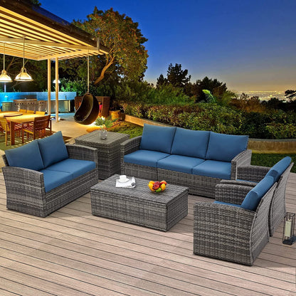 AECOJOY 7 Pieces Outdoor Furniture Set with Two Storage Boxes, Rattan Wicker Sectional Sofa Couch Patio Conversation Set, Dark Blue