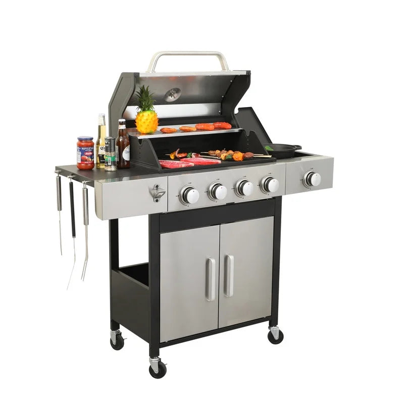 Gundir 3-Burner Propane Gas Grill, 25650 BTU Outdoor BBQ Grill with Foldable Side Table, Wheels, Stainless Steel Thermometer & Warming Rack for Backyard, Patio, Camping