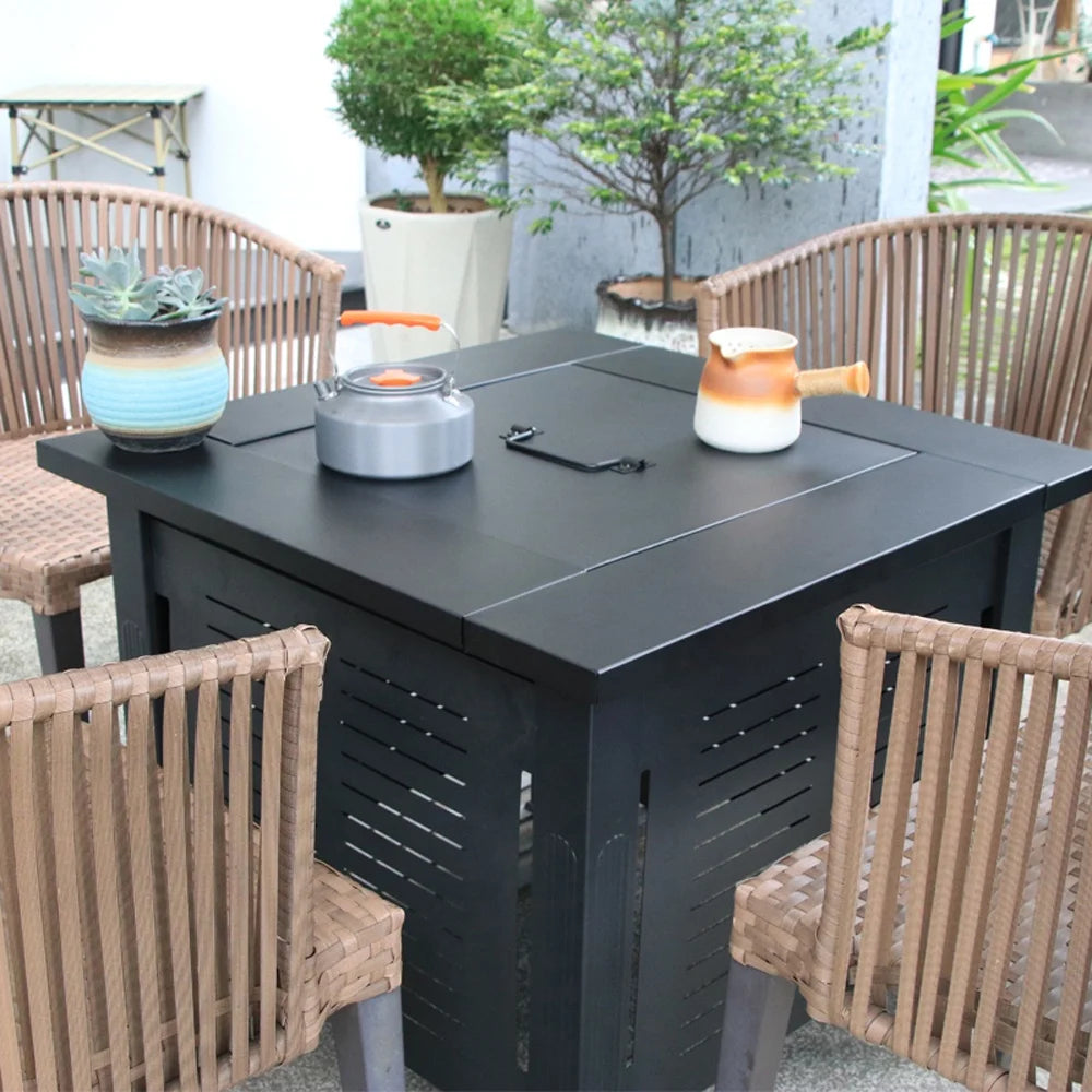 2 in 1 Smokeless Fire Pit Table for Outdoor Patio, Square Steel Heater with Removable Lid, Grill Over Stove, Multifunctional Firepit Table for Garden, Deck, Balcony, Backyard