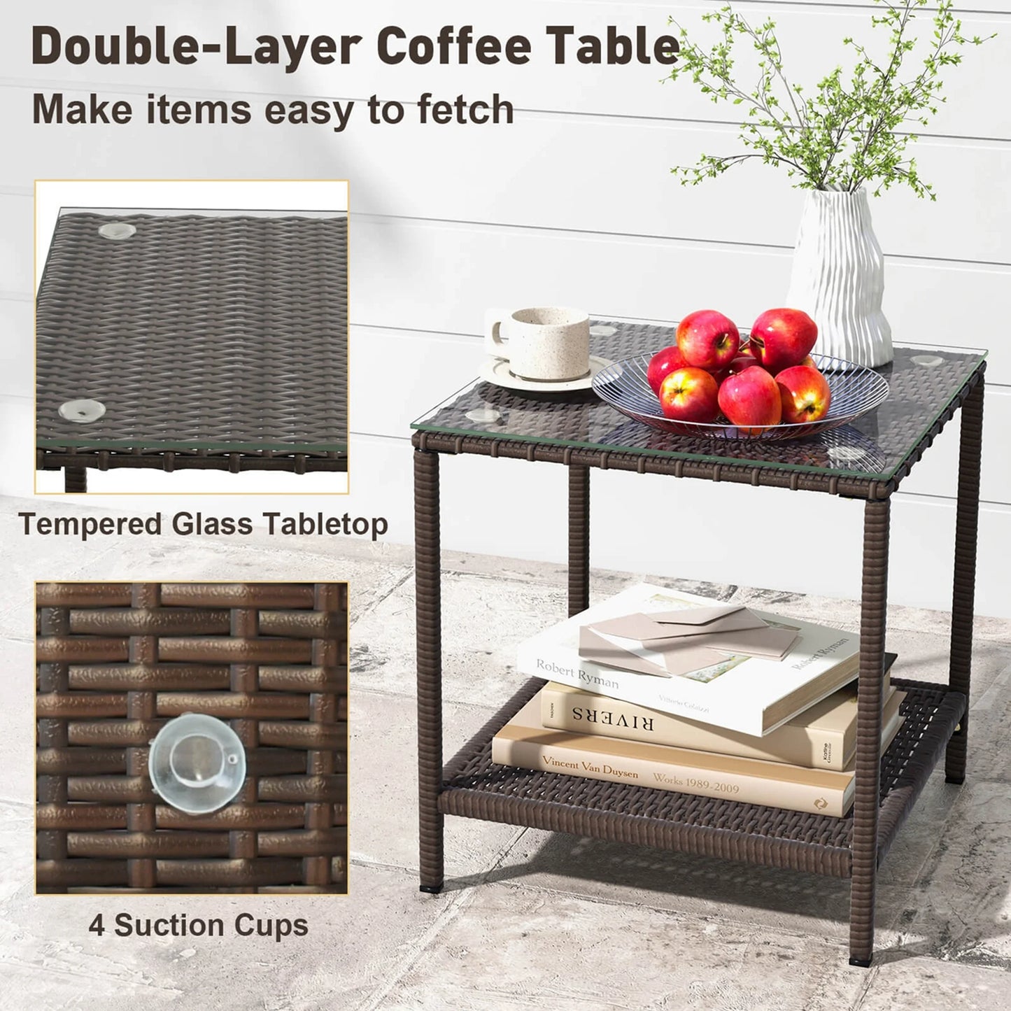 Costway Serenity 3 Piece Patio Rocking Wicker Rockers with White Cushions 2 Tier Coffee Table