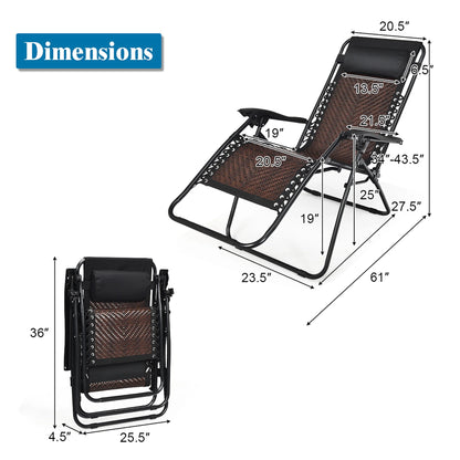 Costway 2PCS Patio Rattan Zero Gravity Lounge Chair Folding Recliner Headrest Brown