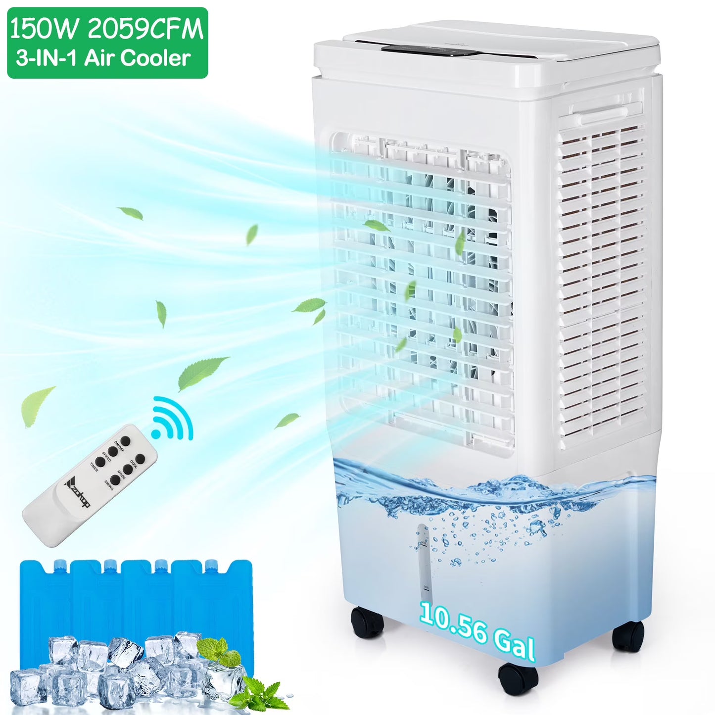 Evaporative Air Cooler, 2353CFM Portable Cooling Fan w/Humidifier, Indoor Outdoor Swamp Cooler for Home Patio, 7.9GAL Water Tank, 4 Ice Packs, 3 Speeds, 90?Swing