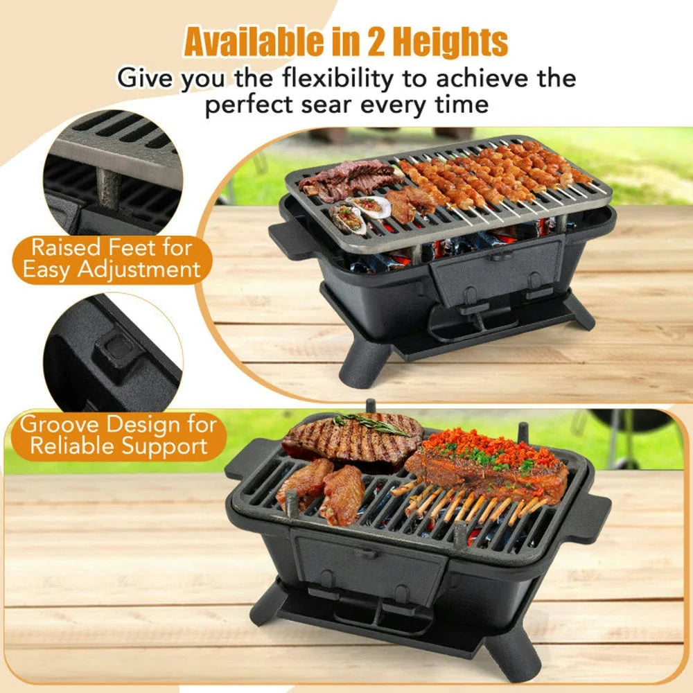 Aimee Lii 100% Cast Iron Hibachi Grill with Grill Grate Lifter, Outdoor Grill for Patio Garden