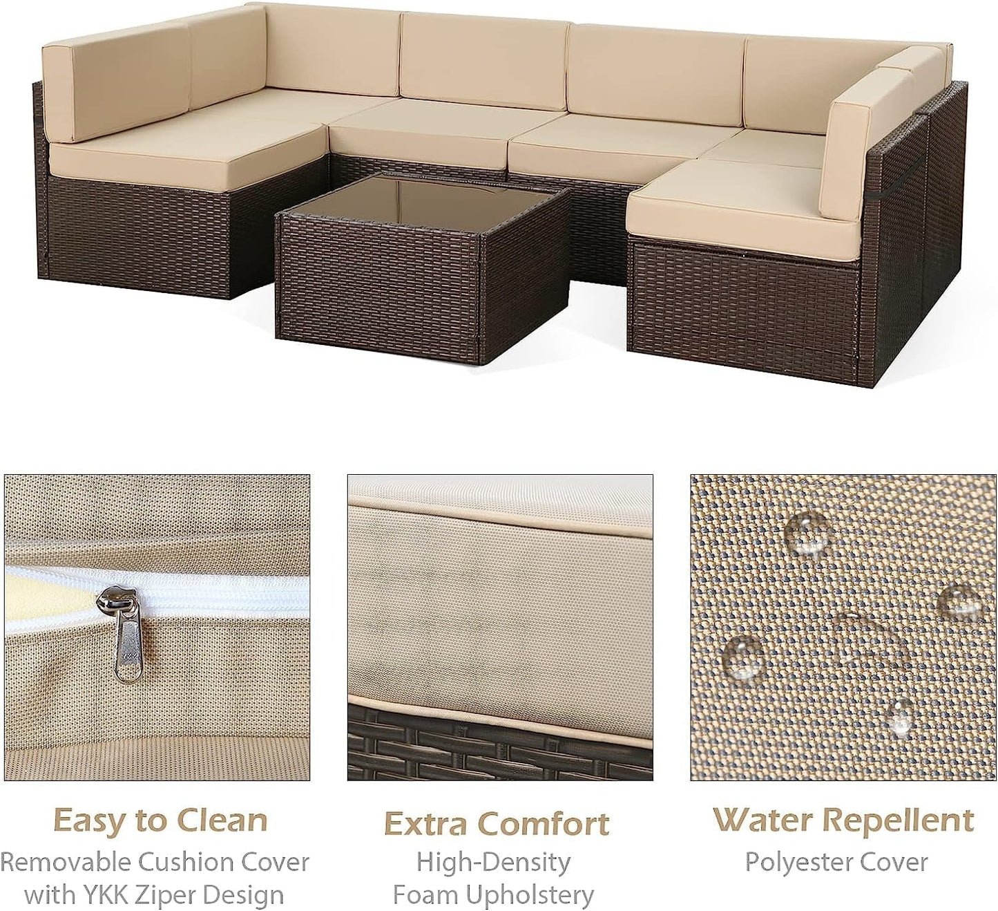 YODOLLA 7-Piece Outdoor Furniture Set, Rattan Wicker Sectional Sofa Couch Patio Conversation Set with Table In Beige