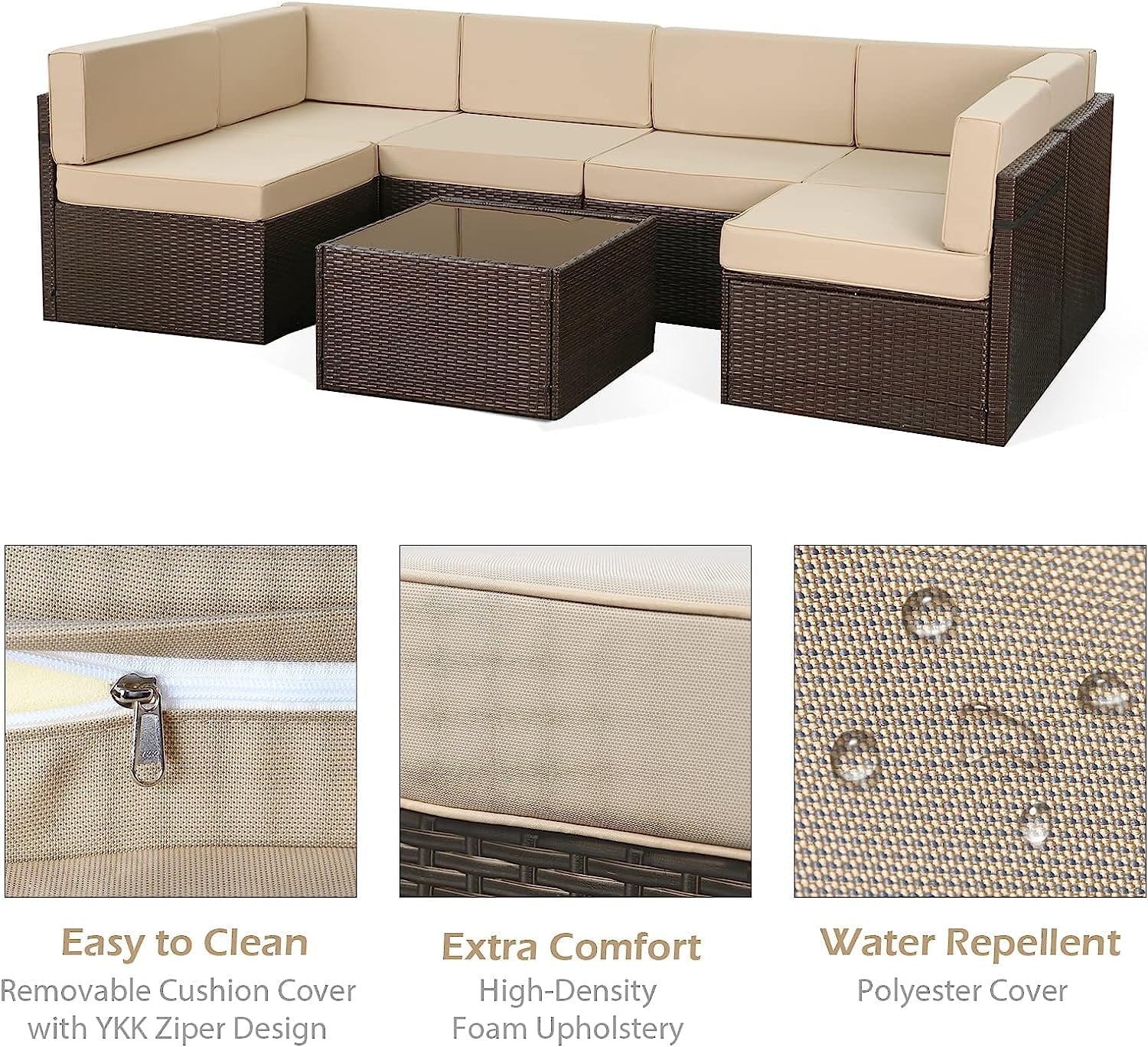 YODOLLA 7-Piece Outdoor Furniture Set, Rattan Wicker Sectional Sofa Couch Patio Conversation Set with Table In Beige