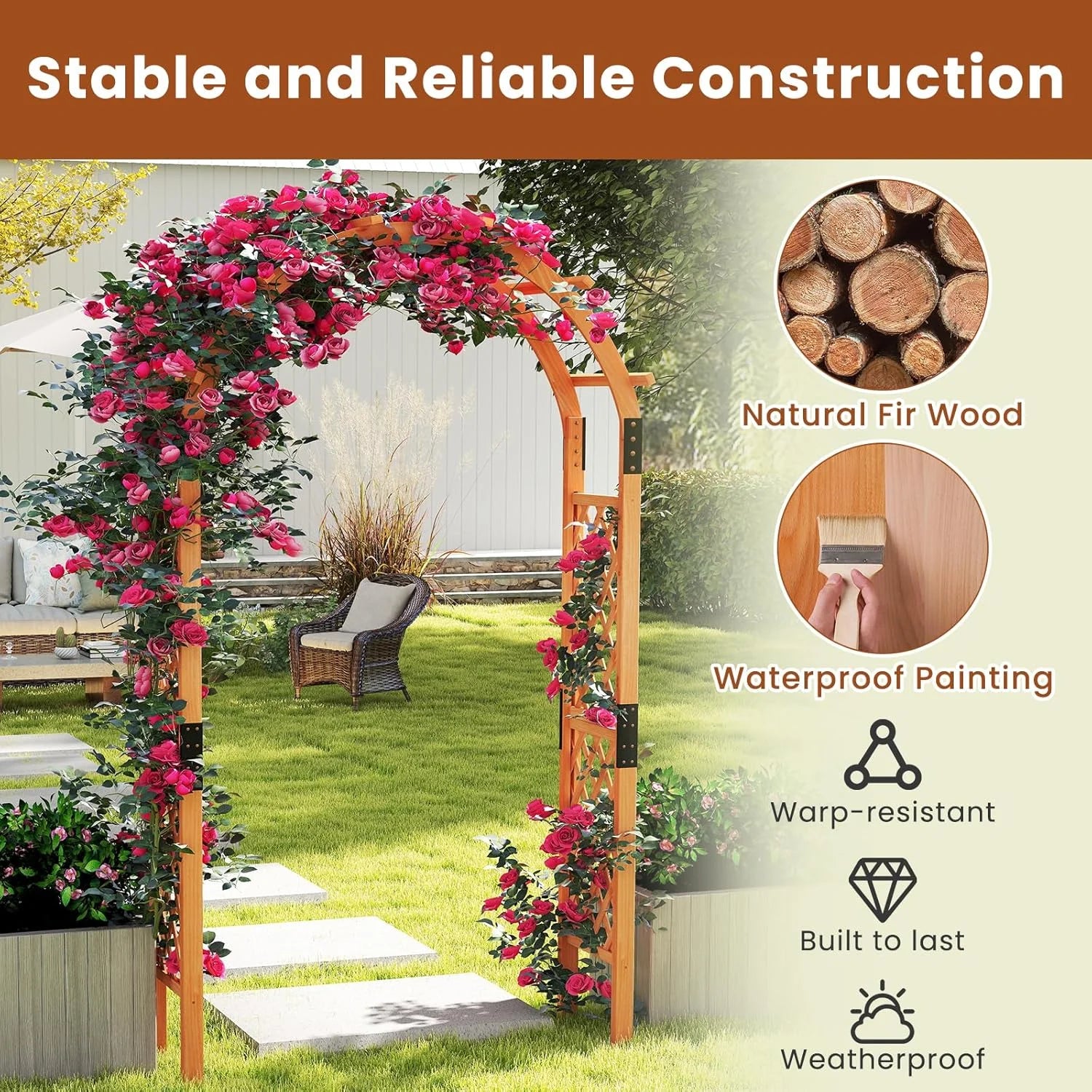 Moccha 7.7 FT Garden Arbor, 93" Wood Arbor Trellis for Climbing , Rose, Ivy, Outdoor Archway Pergola, Solid Wood Backdrop Stand, Garden Arch for Lawn Patio Bridal Party Pathway Ceremony Wedding