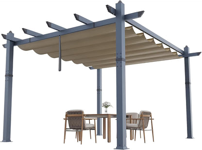 10x13 Ft Aluminum Pergola,Outdoor Metal Gazebo with Adjustable Canopy,Reinforced Frame Outdoor Shelter for Backyard,Patio Lawn and Deck - Wood grain beige