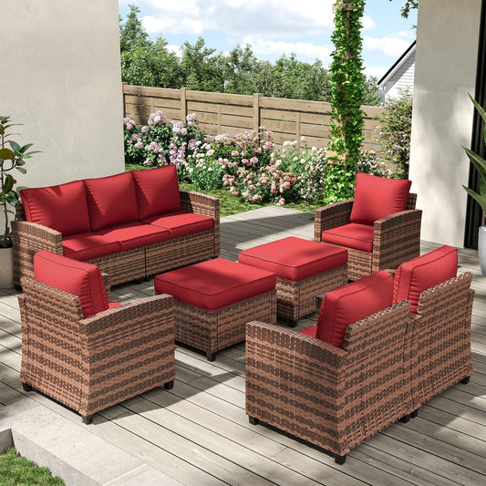 POTEBAN Patio Furniture Set, 7 Pieces Outdoor Sectional Sofa Couch with Chairs, Ottomans and Comfy Cushions, All Weather Wicker Rattan Patio Conversation Set for Garden Backyard Wine Red