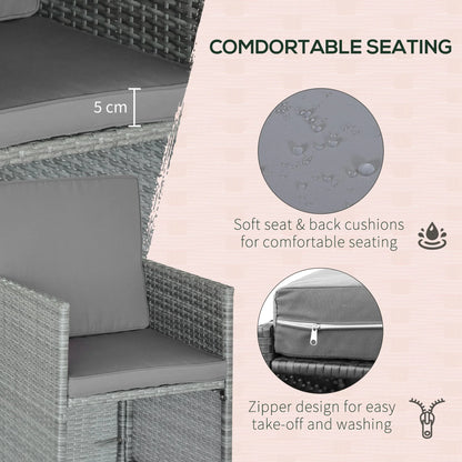 Outsunny 9 Piece Patio Wicker Dining Sets, Space Saving Outdoor Sectional Conversation Set, with Dining Table, Ottoman and Chair & Cushioned for Lawn Garden Backyard, Dark Grey