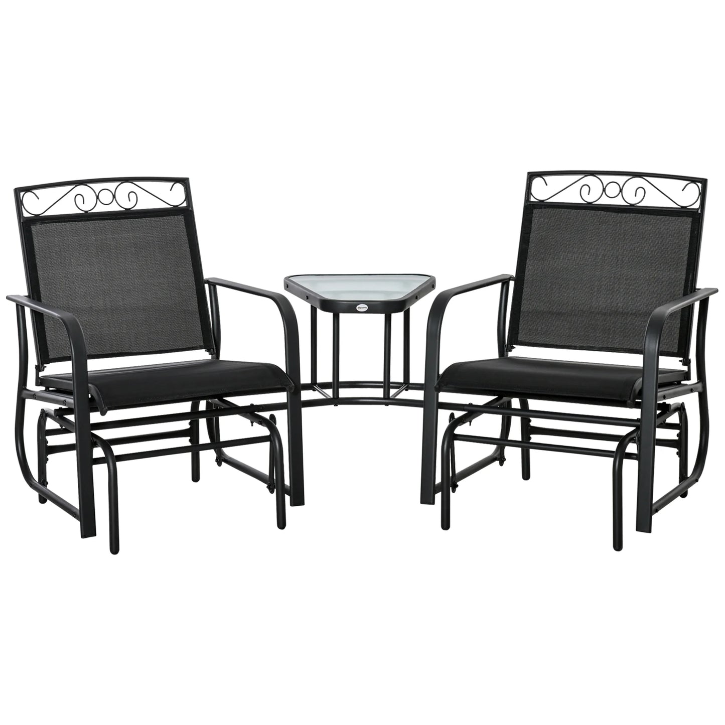 Outsunny Outdoor Glider Chairs with Coffee Table, Patio 2-Seat Rocking Chair Swing with Breathable Sling for Backyard, Garden and Porch, Black