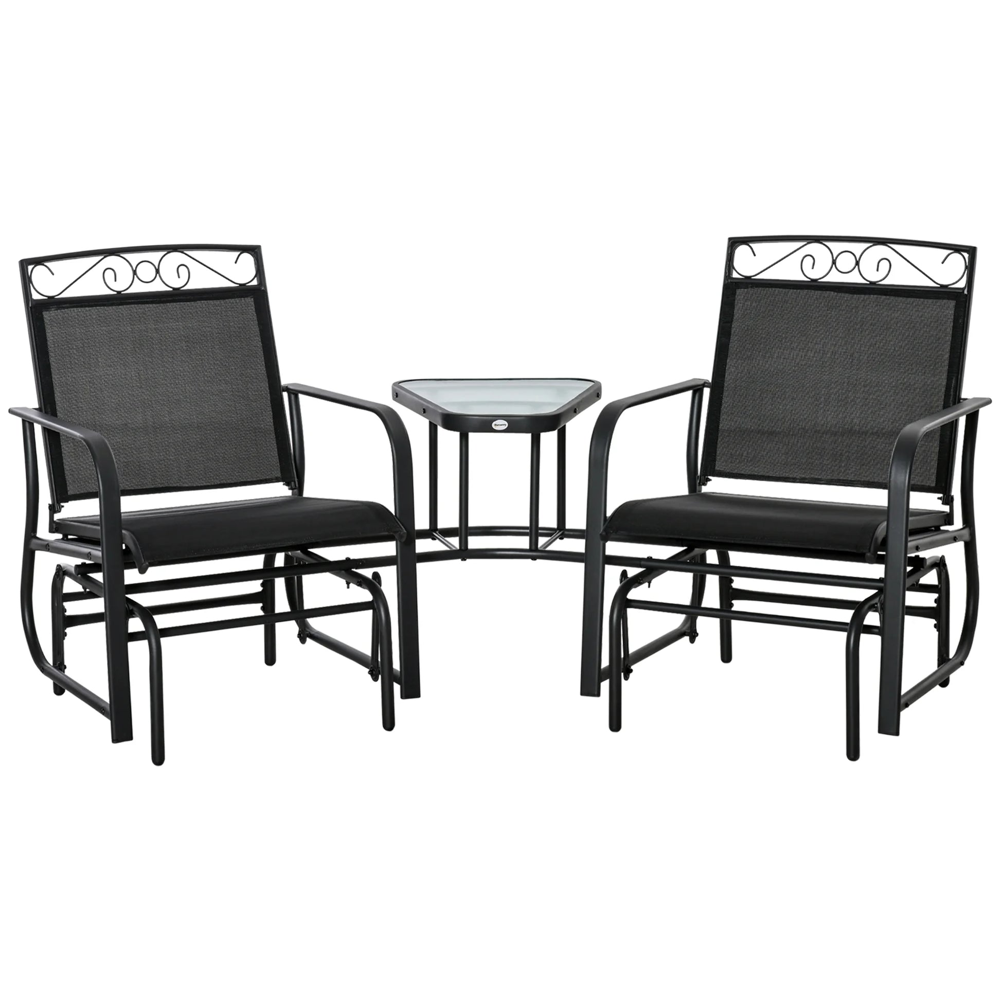 Outsunny Outdoor Glider Chairs with Coffee Table, Patio 2-Seat Rocking Chair Swing with Breathable Sling for Backyard, Garden and Porch, Black