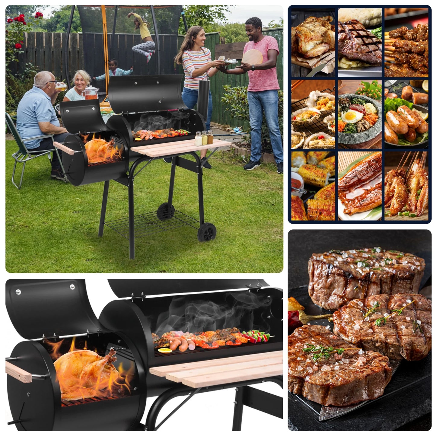 Barrel Charcoal Grill with Offset Smoker, BBQ Grill with Side Table and Wheels for Outdoor Camping, Garden, Patio and Backyard Barbecue Cooking, Black