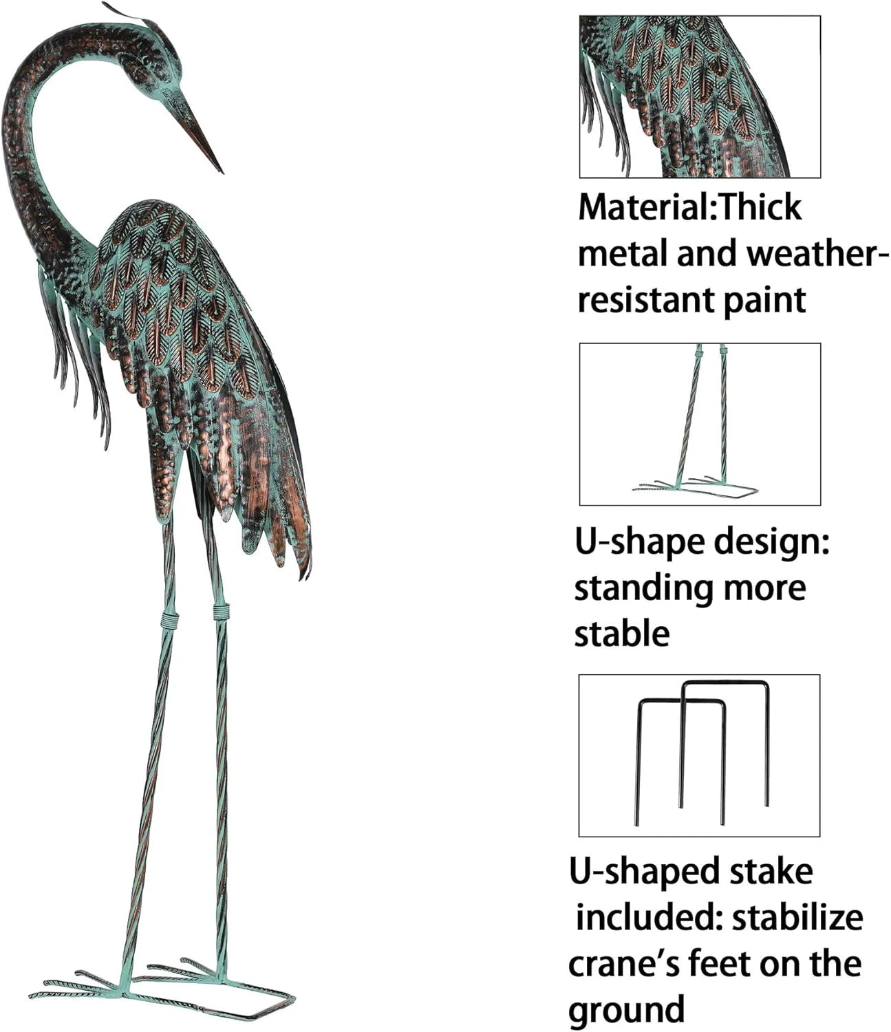 Garden Crane Statues, Standing Metal Patina Heron Decoy Outdoor Statue, 42-46 Inch Bird Yard Art for Patio Lawn Pond, Set of 2