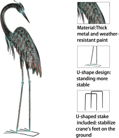Garden Crane Statues, Standing Metal Patina Heron Decoy Outdoor Statue, 42-46 Inch Bird Yard Art for Patio Lawn Pond, Set of 2