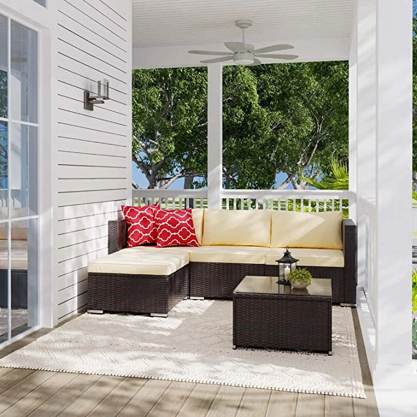 5Pcs Patio Conversation Set, Outdoor Rattan Sectional Sofa, Beige