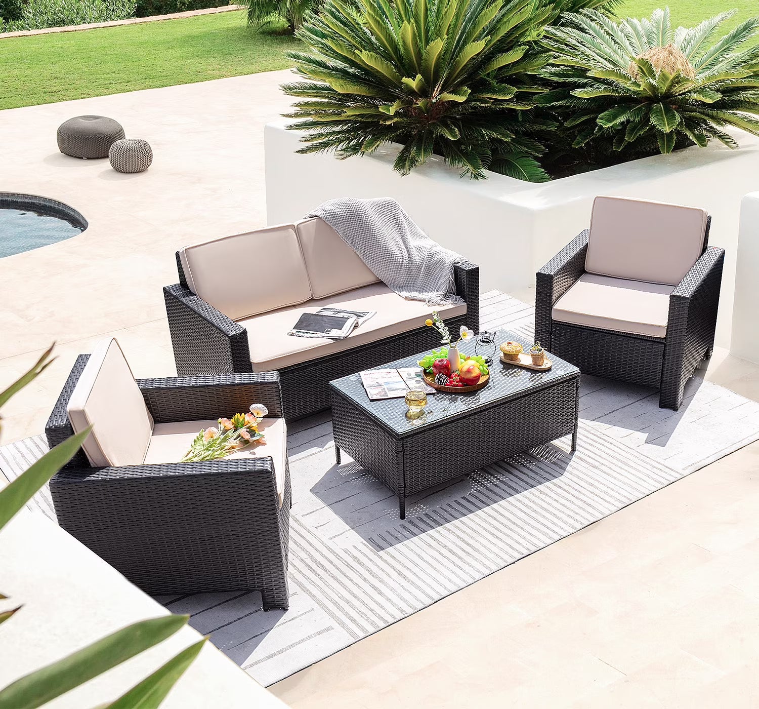 Lacoo 4 Pieces Patio Furniture Sets Rattan Chair Wicker Conversation Sofa Set Outdoor Tble and Chairs for Backyard Porch Garden Poolside Balcony, White