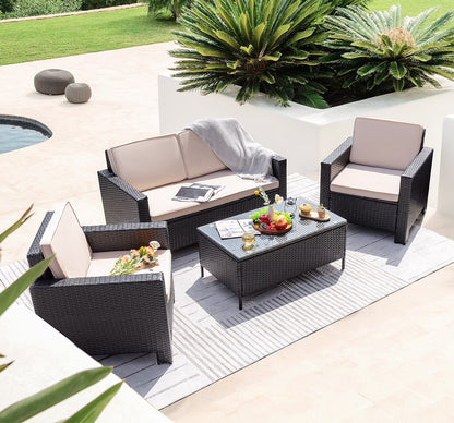 Lacoo 4 Pieces Patio Furniture Sets Rattan Chair Wicker Conversation Sofa Set Outdoor Tble and Chairs for Backyard Porch Garden Poolside Balcony, White