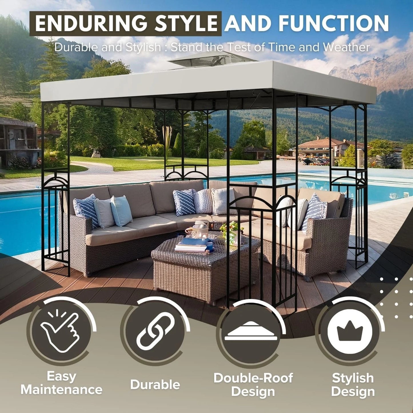 Flexzion Gazebo Cover Replacement Canopy Top 10x10 Ft (3m x 3m) - Double Tier Top Canopy Cover Replacement with UV30+, Dirt, Water Resistant for Outdoor, Sunshade, Garden, Patio, Pavilion (Ivory)