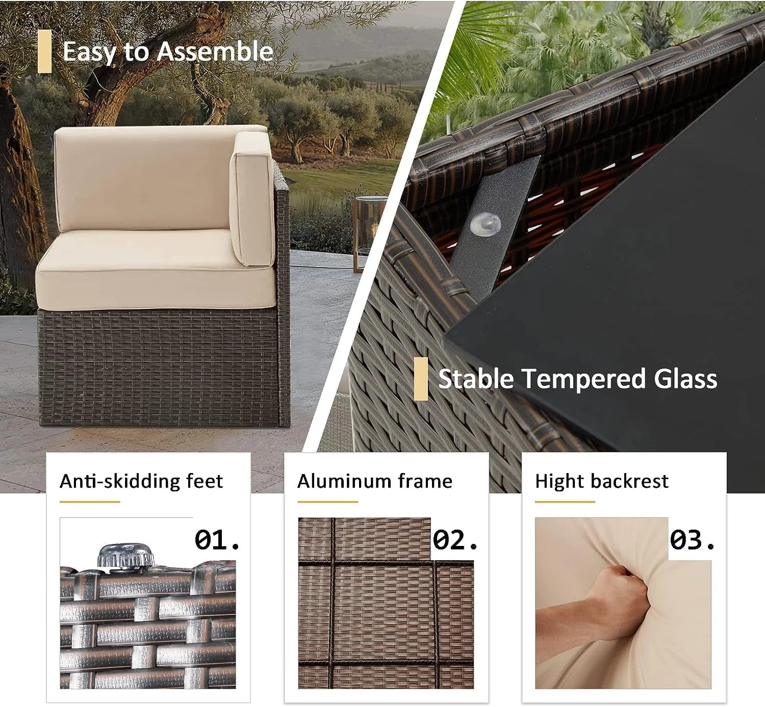 YODOLLA 7-Piece Outdoor Furniture Set, Rattan Wicker Sectional Sofa Couch Patio Conversation Set with Table In Beige