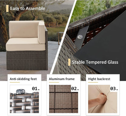 YODOLLA 7-Piece Outdoor Furniture Set, Rattan Wicker Sectional Sofa Couch Patio Conversation Set with Table In Beige