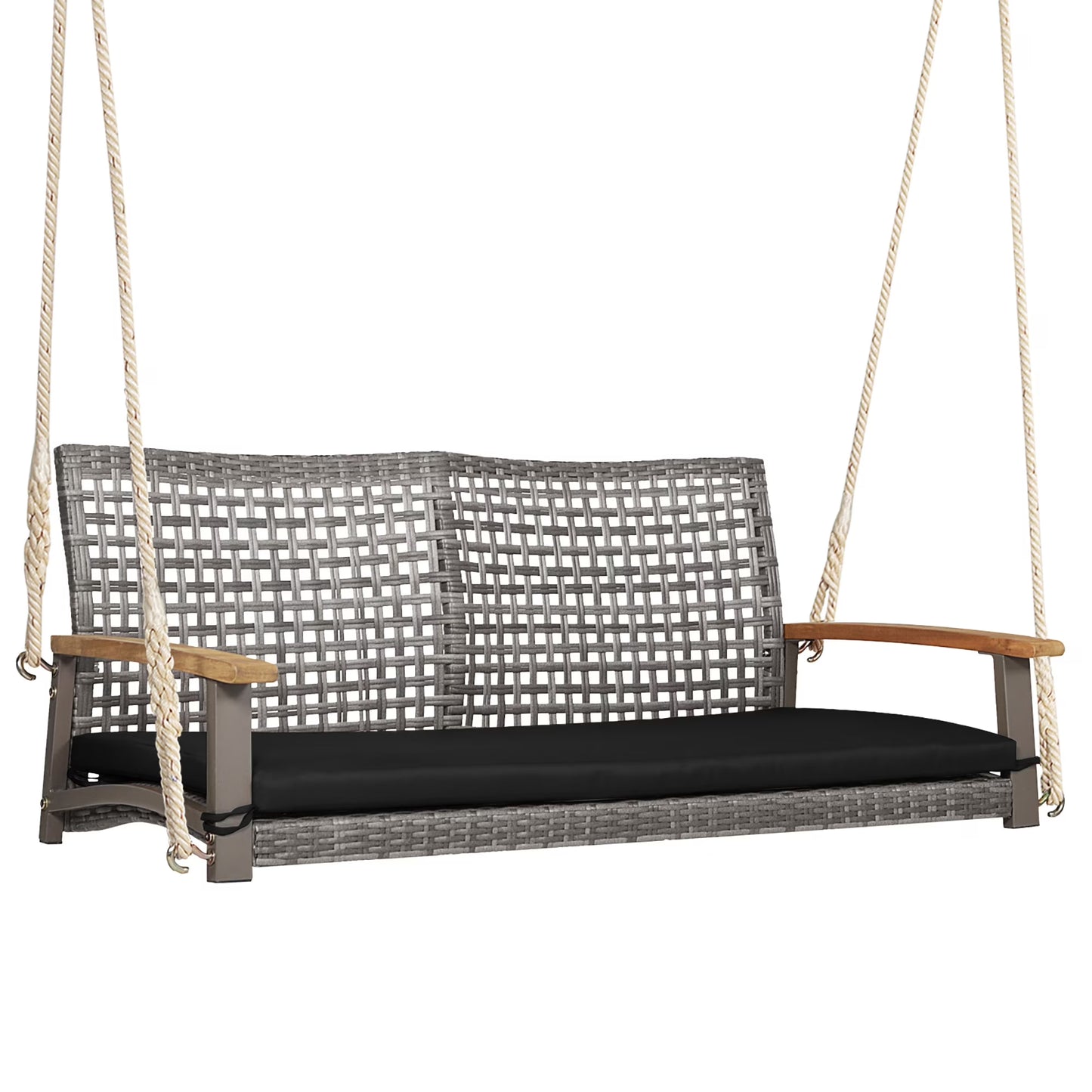 Costway 2-Person Patio Wicker Hanging Swing Chair Loveseat Cushion Porch Black