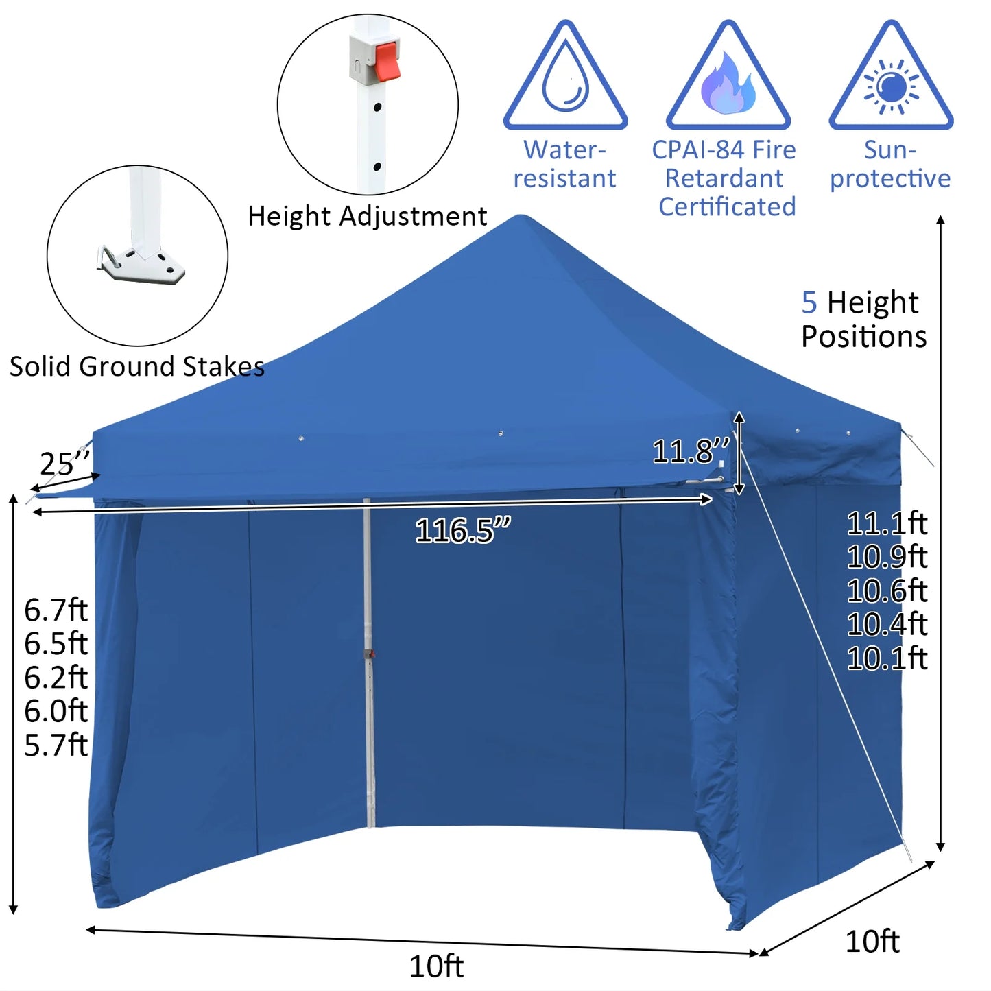 Patiojoy 10x10ft Pop up Tent, 4 Height Adjustment Folding Camping Tent with Awning Blue