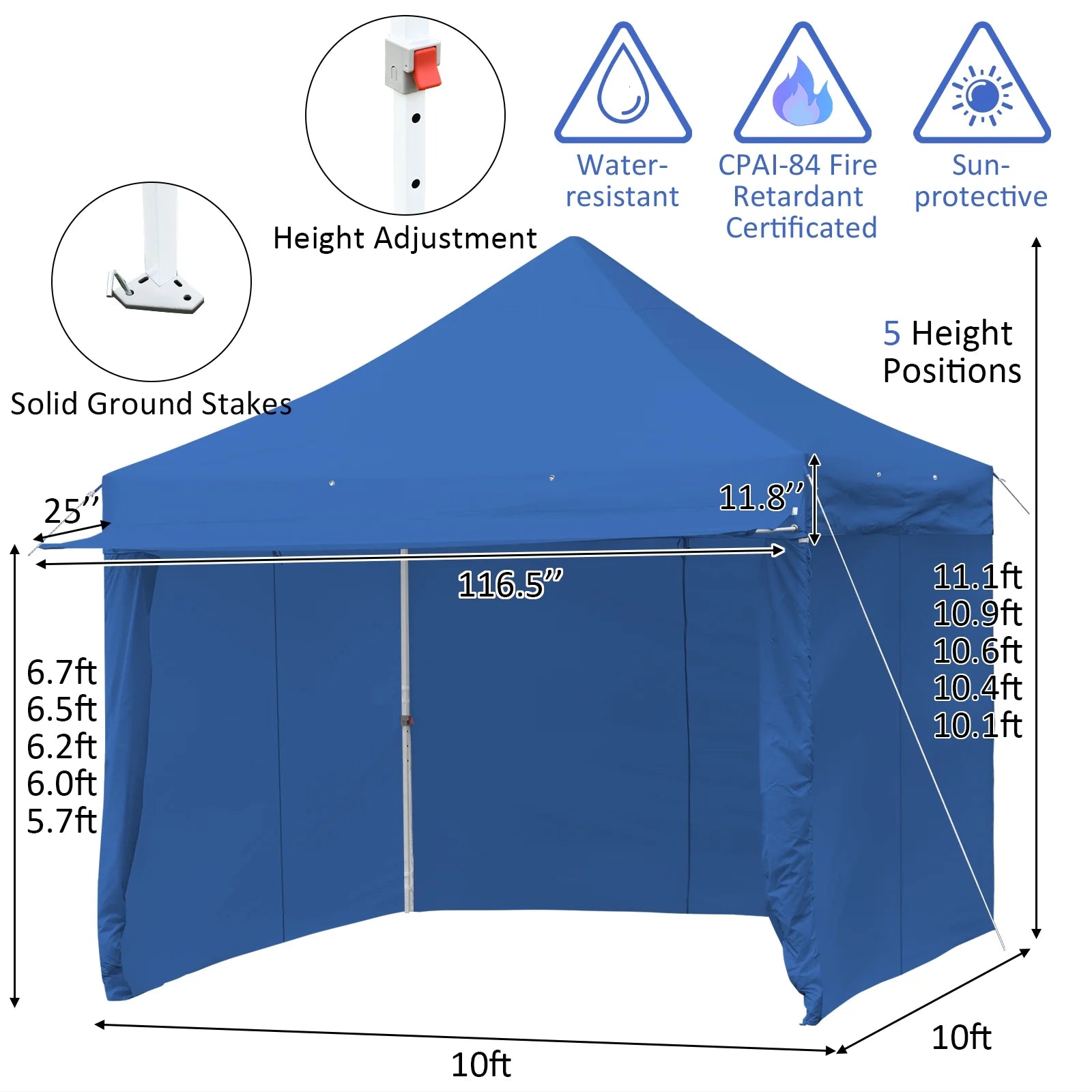 Patiojoy 10x10ft Pop up Tent, 4 Height Adjustment Folding Camping Tent with Awning Blue