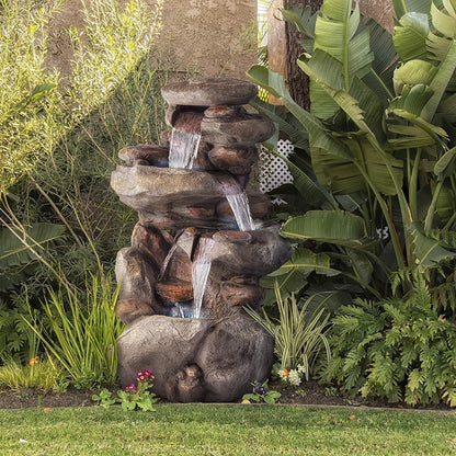 Alpine Corporation WIN1184 40" Outdoor Floor 3-Tiered Rock Waterfall Fountain with LED Lights, Natural Stone Look - Cascading Water Feature for Gardens, Patios, Yards, and Outdoor Dcor, Gray