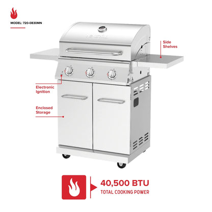 Nexgrill 3-Burner Stainless Steel Propane Gas Grill with Side Tables, 40,500 BTUs, 4 Wheel Transport, 591 SQ. IN. Cooking Space, Outdoor Kitchen Grill for BBQs, Patios, and More - 720-0830MN