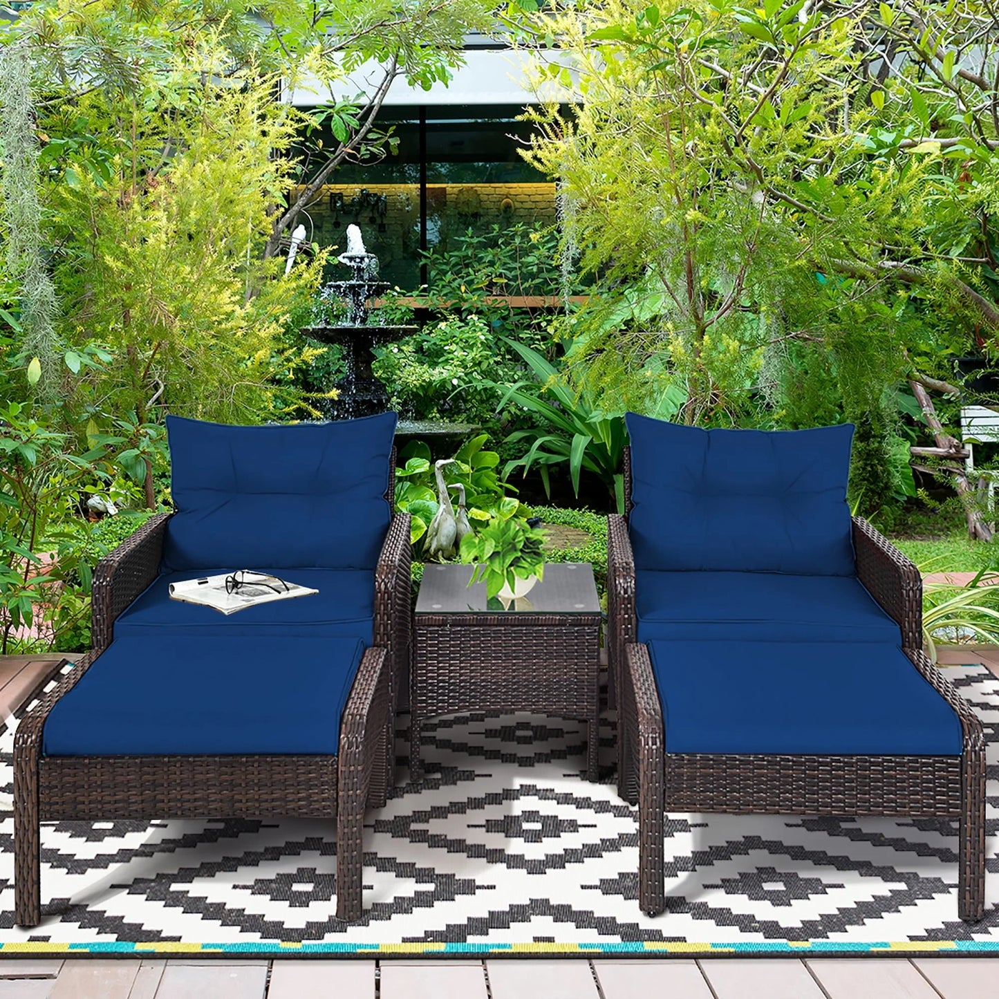 Costway 5 PCS Patio Rattan Wicker Furniture Set Sofa Ottoman Coffee Table Cushioned Navy