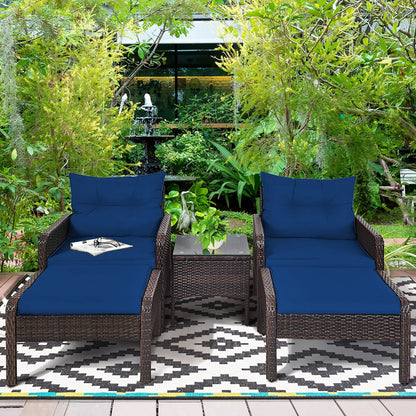 Costway 5 PCS Patio Rattan Wicker Furniture Set Sofa Ottoman Coffee Table Cushioned Navy
