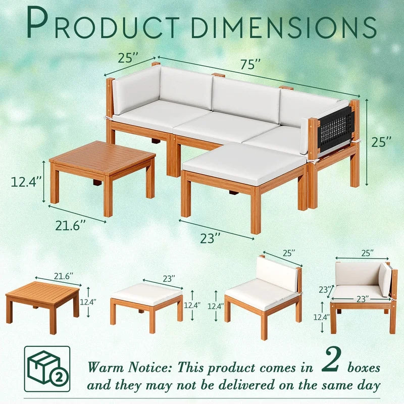 Devoko 7 pieces Patio Acacia Wood Sectional Sofa with CushionsOutdoor Furniture Set for Porch, Yard and Balcony