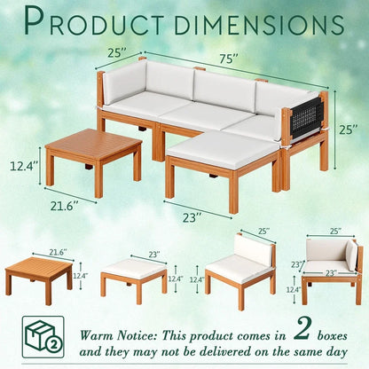 Devoko 7 pieces Patio Acacia Wood Sectional Sofa with CushionsOutdoor Furniture Set for Porch, Yard and Balcony