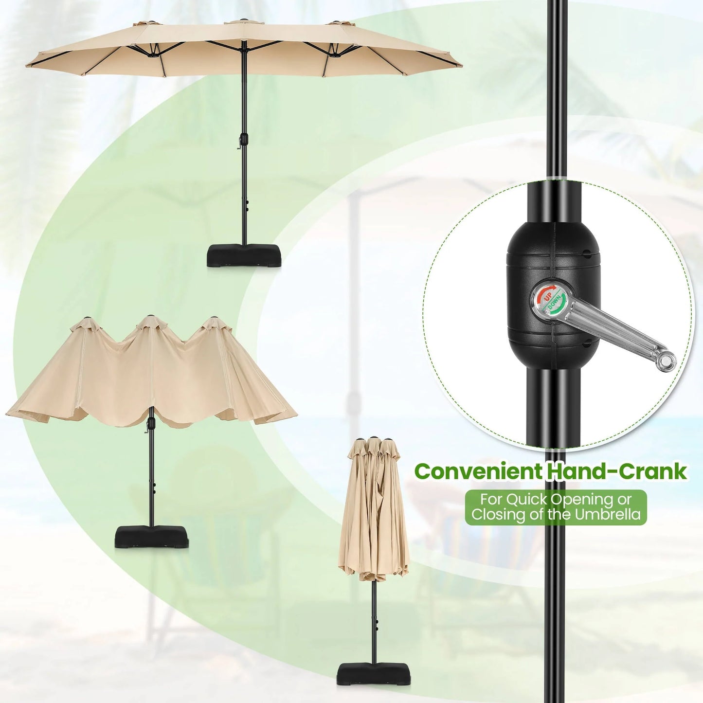 VIBESPARK 15ft Large Outdoor Umbrella Double-Sided Patio Umbrella with Base, Crank Handle, 12 Ribs Rectangular Umbrella for Patio Graden Poolside (Beige)