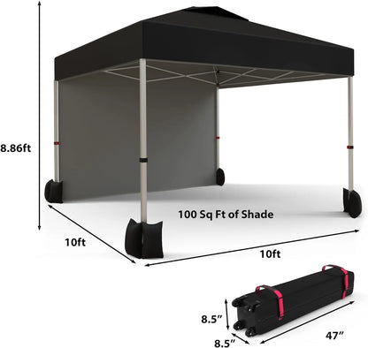 10x10ft Pop Up Canopy Tent with 1 Sidewall, Portable Instant Commercial Canopy Patio Tent with Vented Top Roller Bag 4 Sandbags 4 Ropes and 8 Tent Stakes