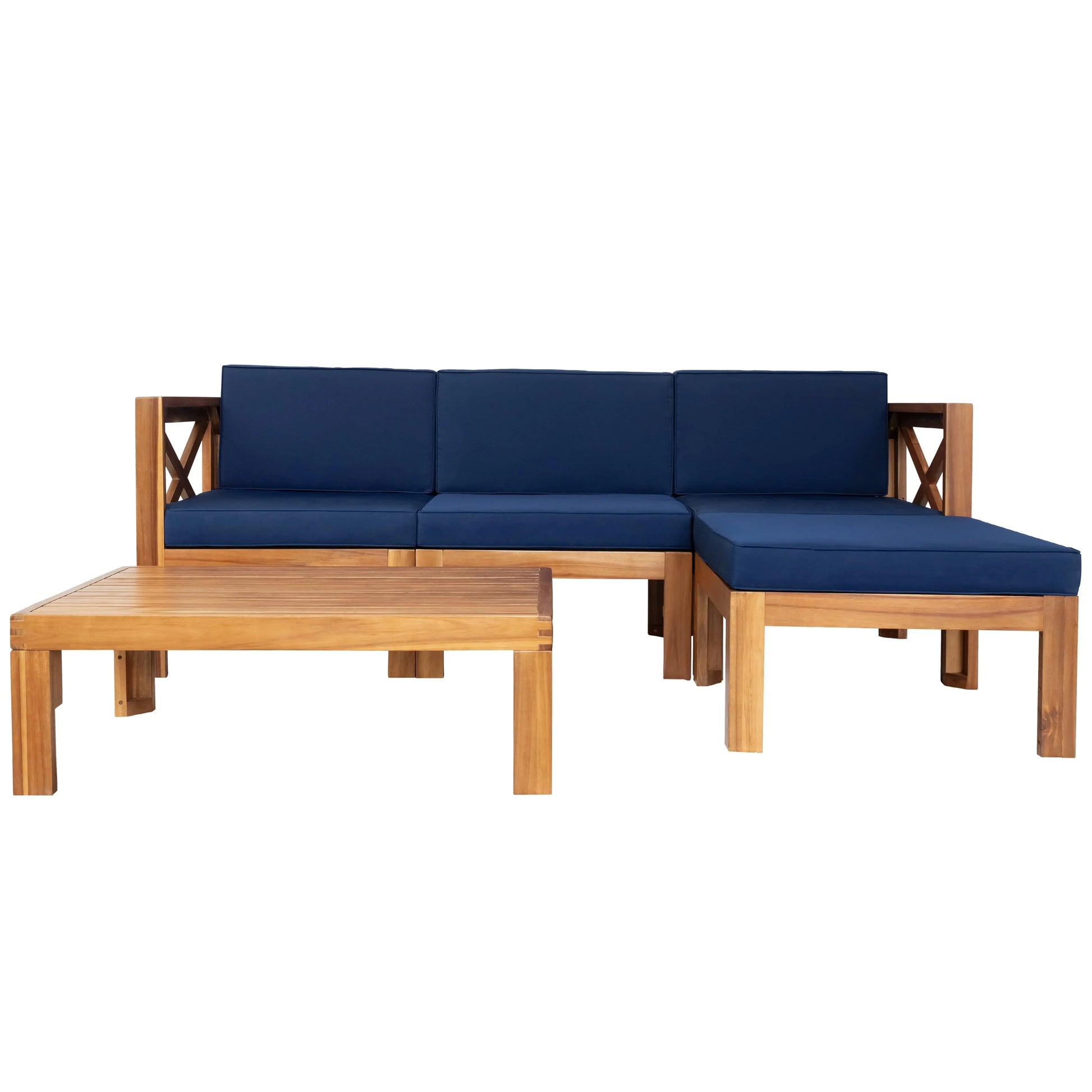 SYNGAR 5 Piece Wood Patio Furniture Set, Outdoor Seating Chat Set with Blue Cushions, Sectional Conversation Sofa Chairs Set with Coffee Table, for Balcony, Backyard, Poolside, Deck, Garden, D8126