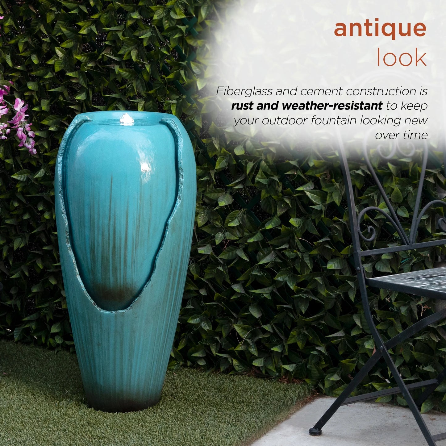 Alpine Corporation - 33" Tall Outdoor Antique Jar Water Fountain with LED Lights, Vintage Light Waterfall Relaxing Garden Fountain for Patio, Deck, or Yard (Turquoise)
